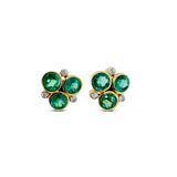 Emerald and Diamond Cluster Earrings, 18K Yellow Gold