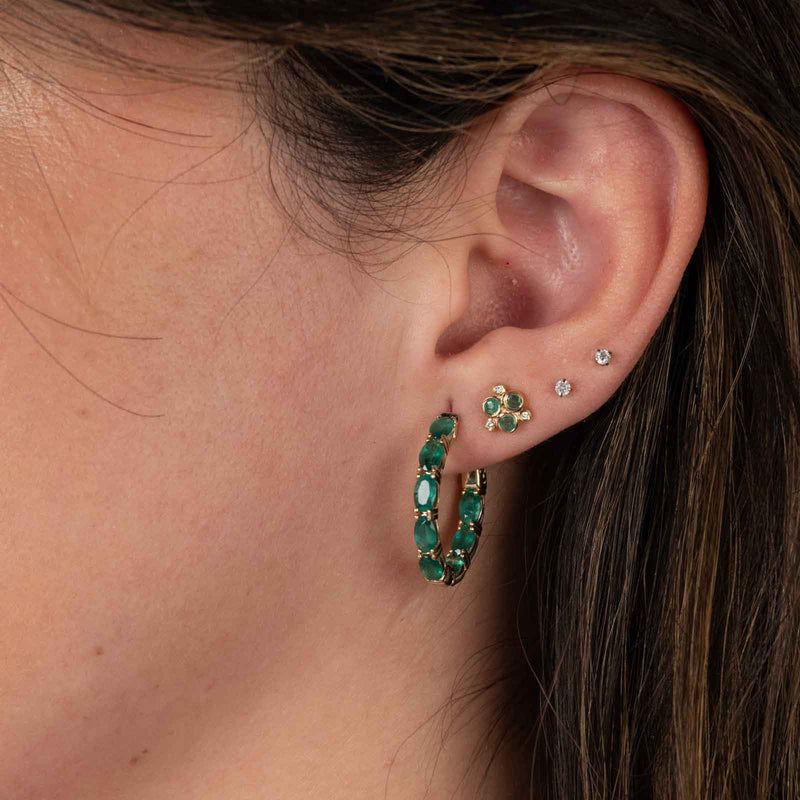 Petite Emerald and Diamond Cluster Earrings, 14K Yellow Gold