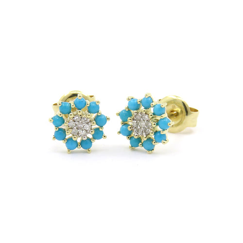 Small Turquoise and Diamond Flower Earrings, 14K Yellow Gold