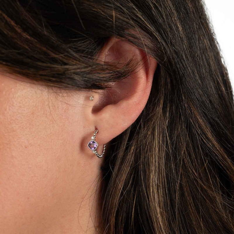 Petite Earrings with Amethyst and Diamonds, 14K White Gold