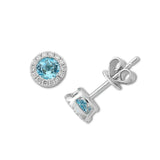 Blue Topaz and Diamond Halo Stud Earrings, 14K White Gold