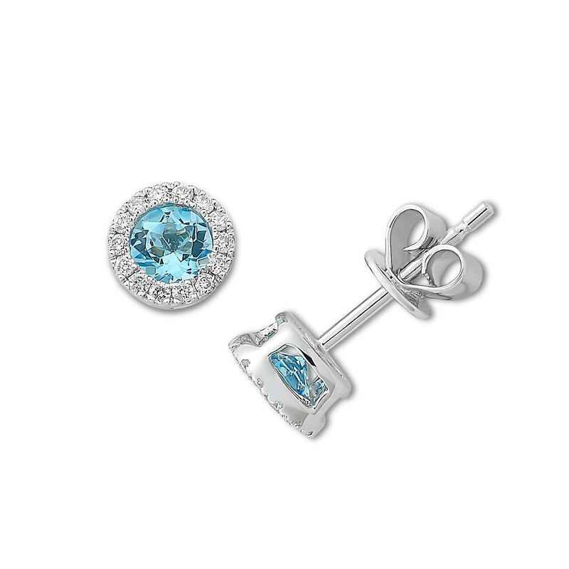 Blue Topaz and Diamond Halo Stud Earrings, 14K White Gold