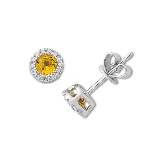 Citrine and Diamond Halo Stud Earrings, 14K White Gold