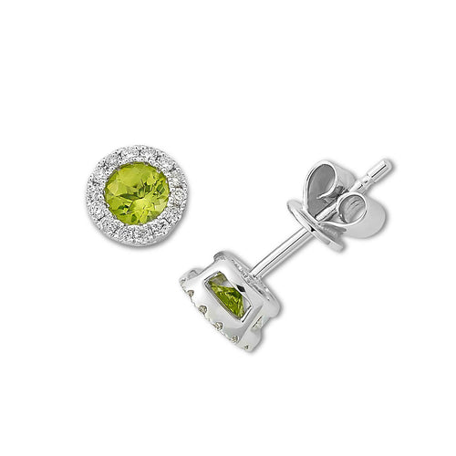 Peridot and Diamond Halo Stud Earrings, 14K White Gold