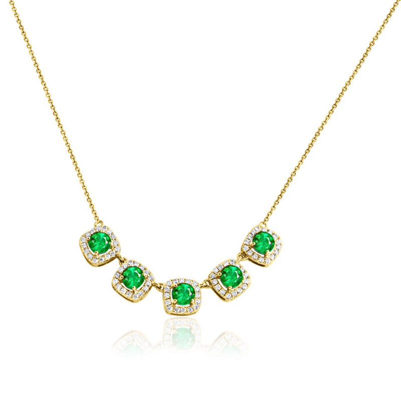 Emerald and Diamond Halo Necklace, 14K Yellow Gold