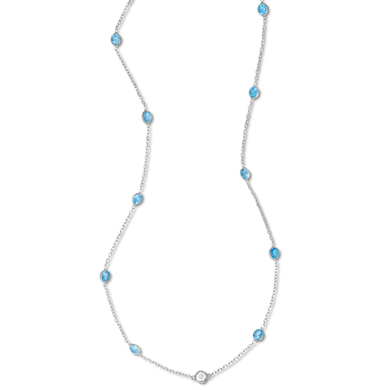 Blue Topaz and Diamond Bezel Necklace, 15 Inches, 14K White Gold