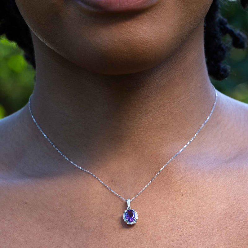 Classic Amethyst and Diamond Pendant, 14K White Gold