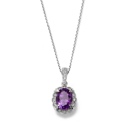 Classic Amethyst and Diamond Pendant, 14K White Gold