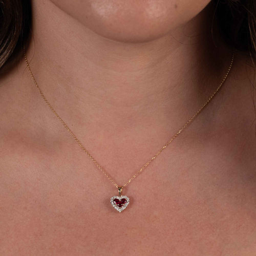 Ruby and Diamond Halo Heart Pendant, 14K Yellow Gold