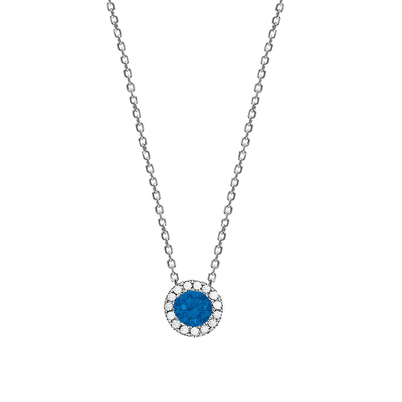 Blue Sapphire and Diamond Halo Pendant, 14K White Gold.