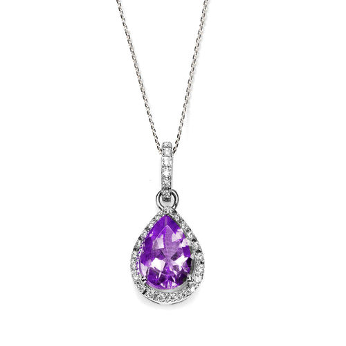 Pear Shape Amethyst and Diamond Halo Pendant, 14K White Gold