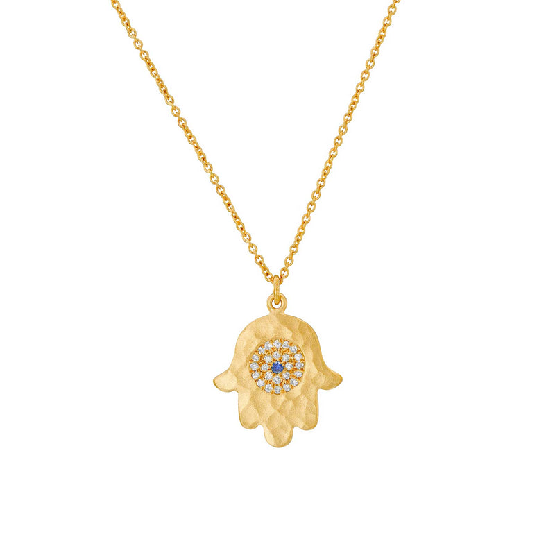 Diamond and Sapphire Hamsa Pendant, 14K Yellow Gold