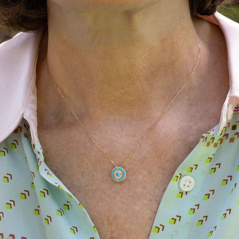Turquoise and Diamond Disc Pendant, 14K Yellow Gold
