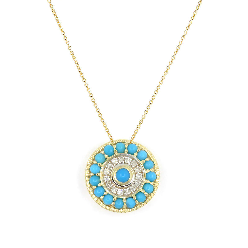 Turquoise and Diamond Disc Pendant, 14K Yellow Gold