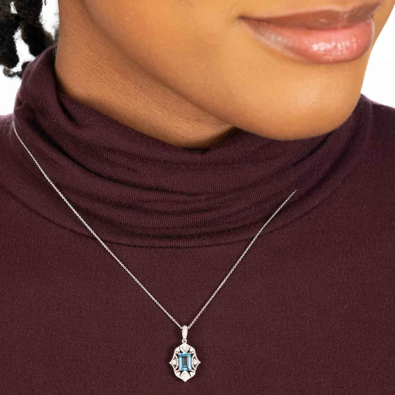 Vintage Style Blue Topaz and Diamond Pendant, 14K White Gold