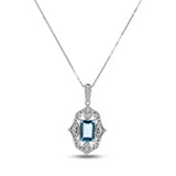 Vintage Style Blue Topaz and Diamond Pendant, 14K White Gold