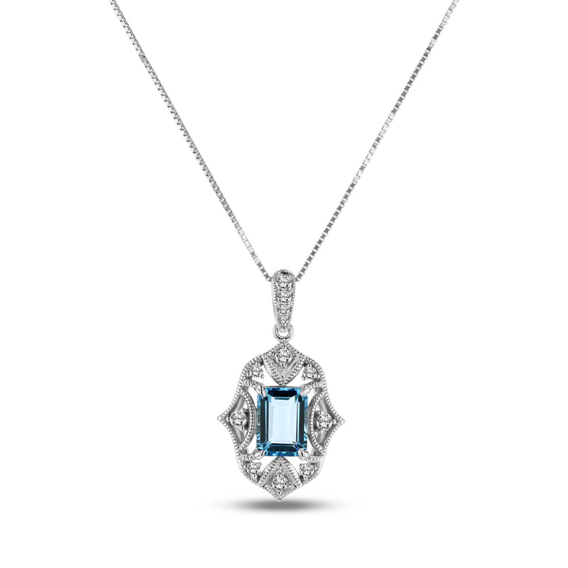 Vintage Style Blue Topaz and Diamond Pendant, 14K White Gold
