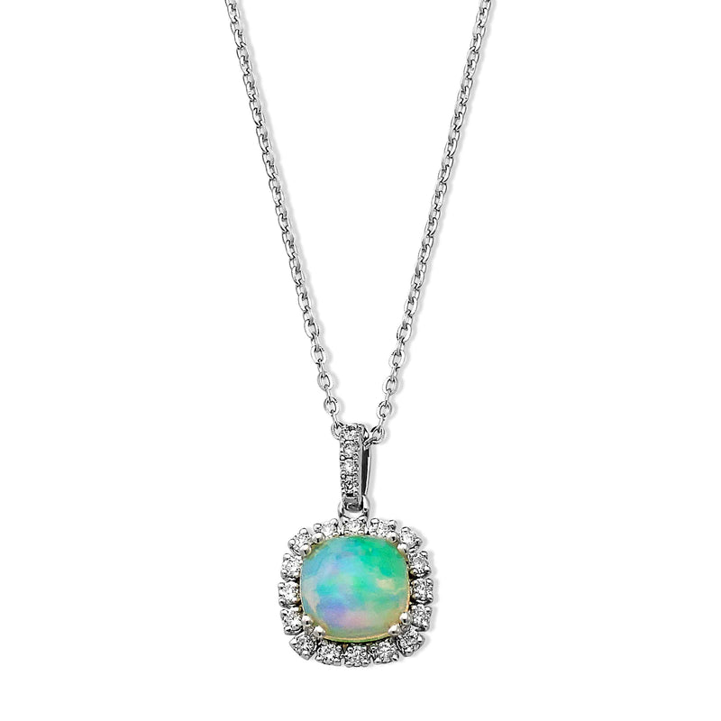 Opal and Diamond Halo Pendant, 14K White Gold