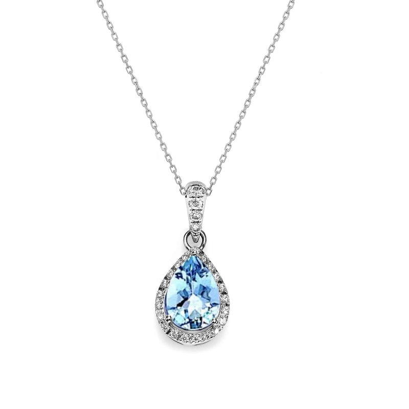 Pear Shaped Aquamarine and Diamond Halo Pendant, 14K White Gold