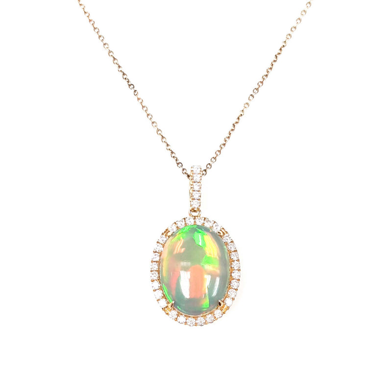 Cabochon Opal and Diamond Halo Oval Pendant, 14K Yellow Gold