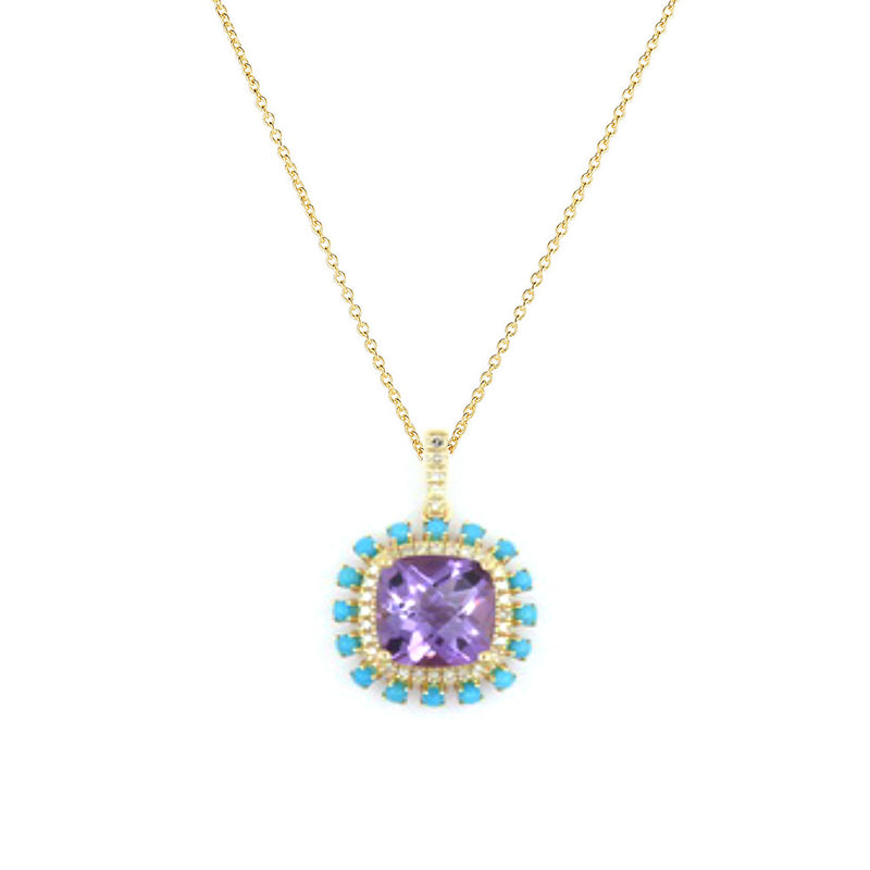 Amethyst, Diamond and Turquoise Pendant, 14K Yellow Gold