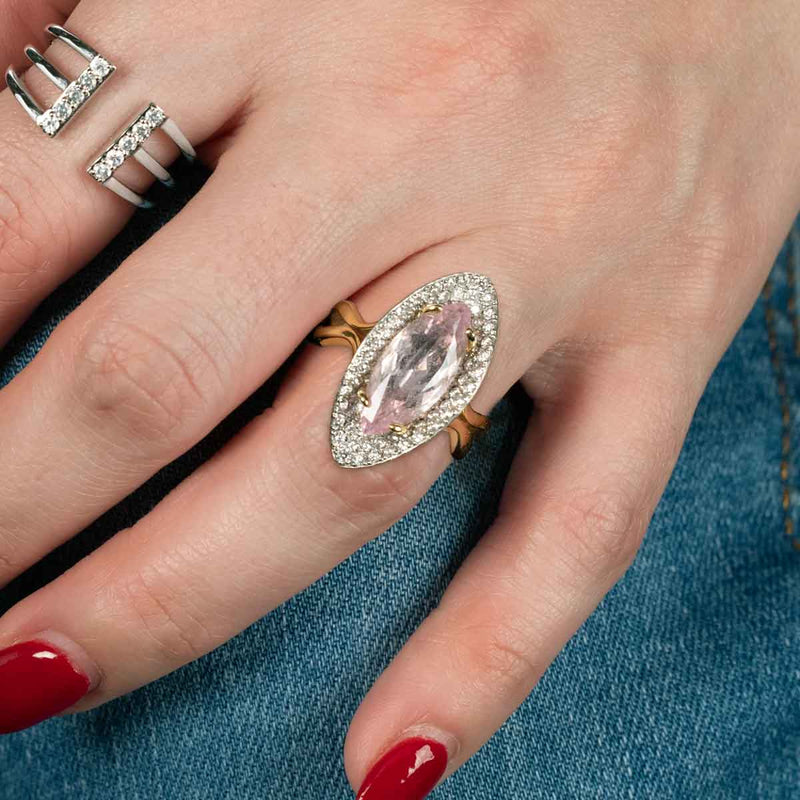 Rare Pink Morganite Marquise Shape Ring, Platinum and 18K Yellow Gold