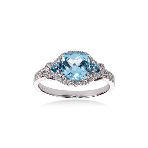 Cushion Blue Topaz and Diamond Ring, 14K White Gold