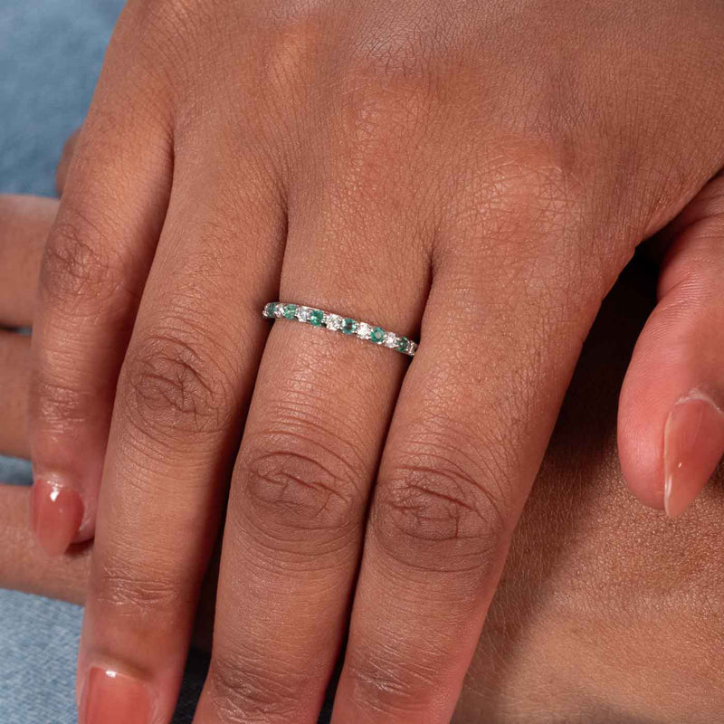 Halfway Around Emerald and Diamond Band, 14K White Gold