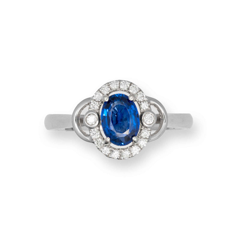 Oval Blue Sapphire and Diamond Halo Ring, 14K White Gold