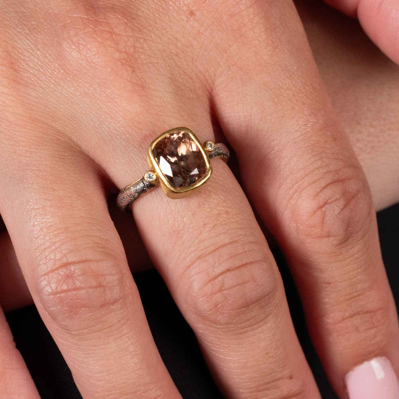 Bezel Set Mocha Zircon Ring, 22K Yellow Gold and Sterling Silver