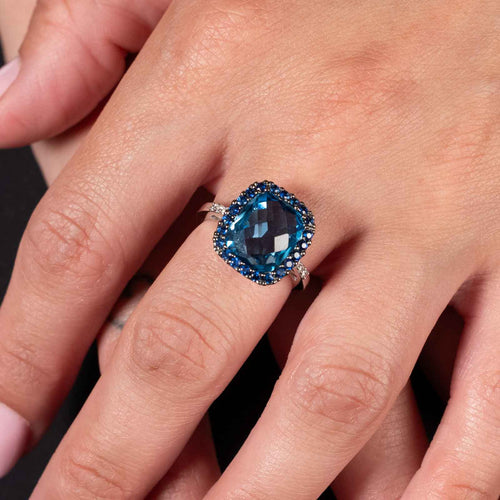 Cushion Cut Blue Topaz and Sapphire Ring, 14K White Gold