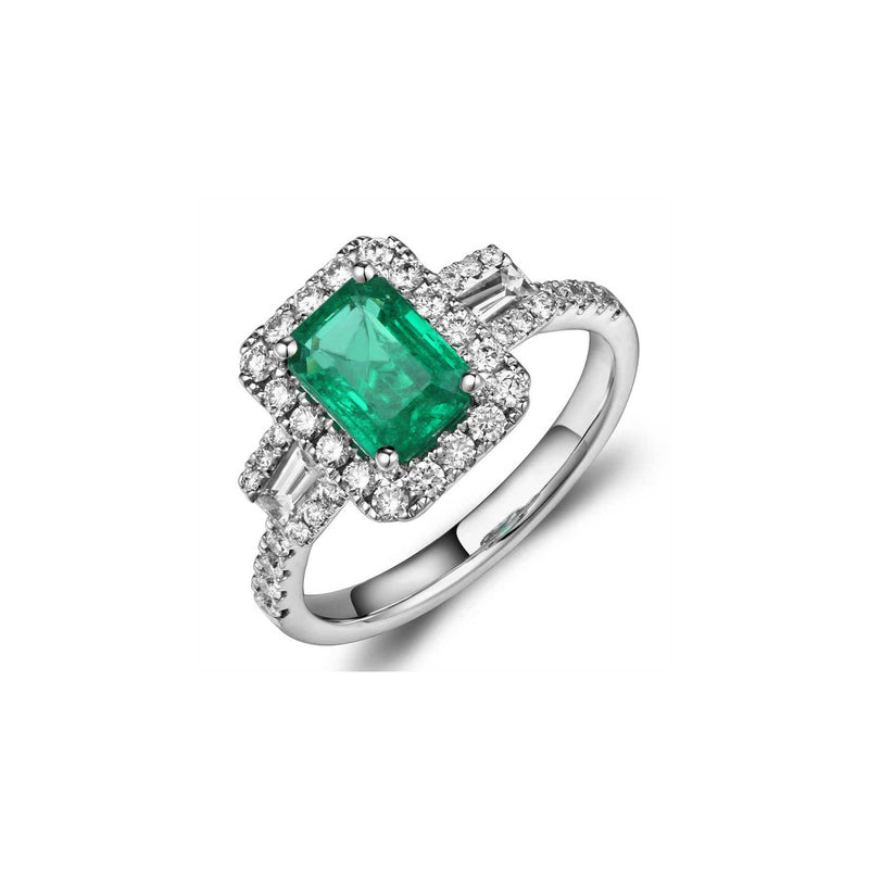 Deco Style Emerald and Diamond Ring, 18K White Gold