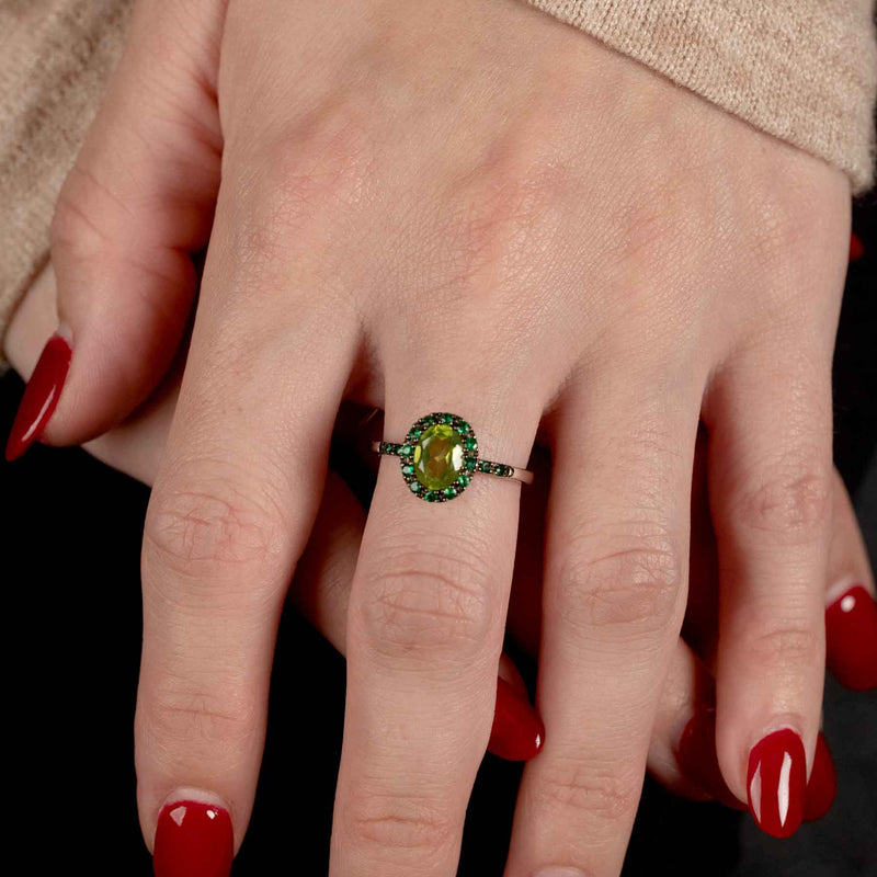 Peridot And Tsavorite Halo Ring, 14K White Gold