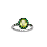 Peridot And Tsavorite Halo Ring, 14K White Gold