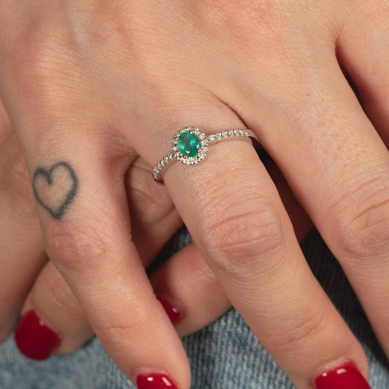 Oval Emerald and Diamond Halo Ring, 14K White Gold