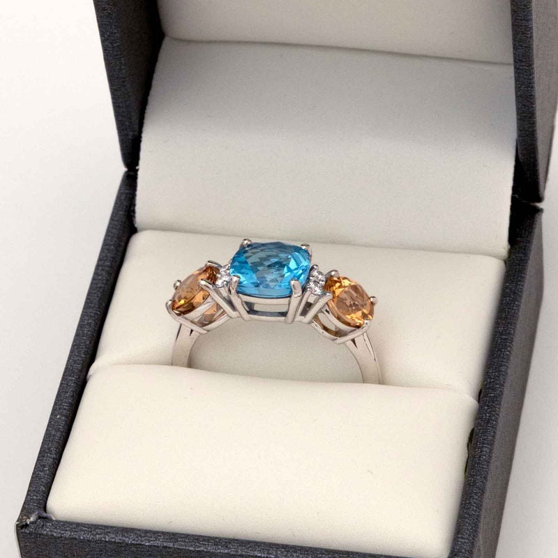 Blue Topaz and Precious Topaz Ring, 14K White Gold