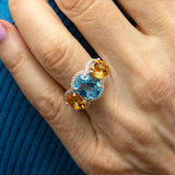 Blue Topaz and Citrine Ring with Diamond Halo, 14K White Gold