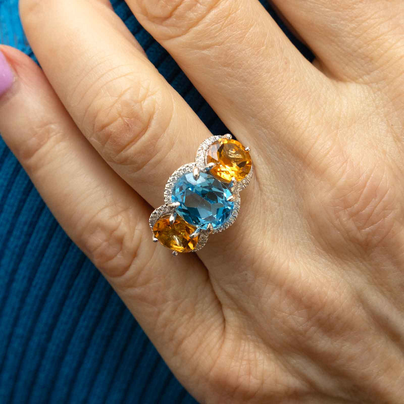 Blue Topaz and Citrine Ring with Diamond Halo, 14K White Gold