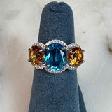 Blue Topaz and Citrine Ring with Diamond Halo, 14K White Gold
