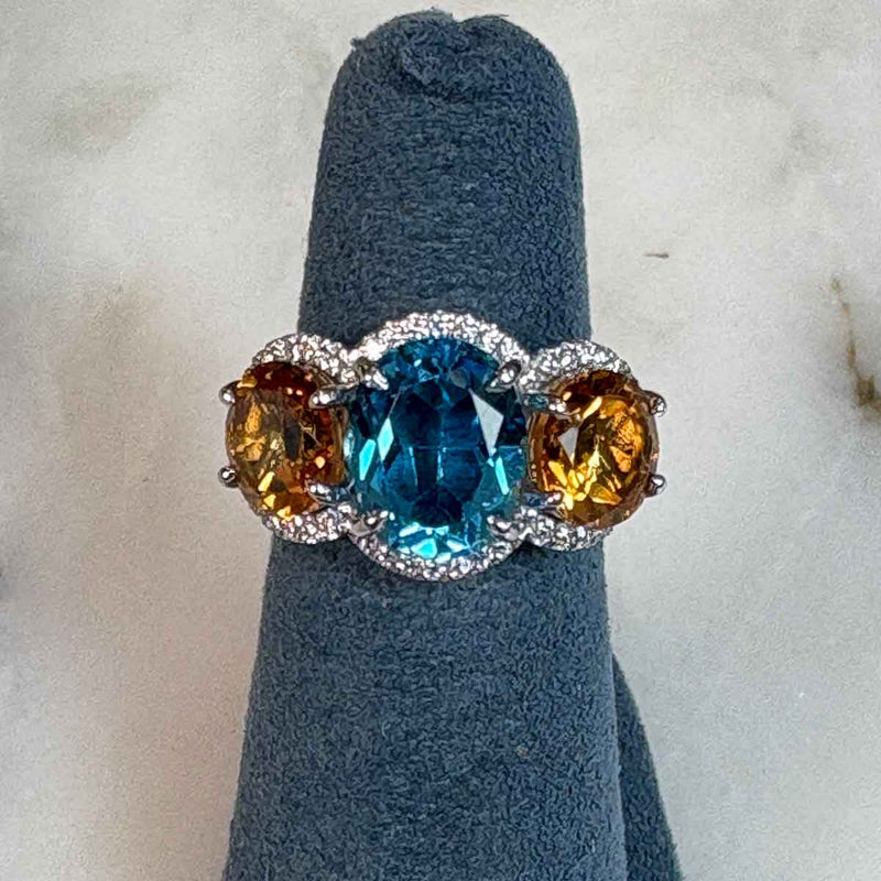 Blue Topaz and Citrine Ring with Diamond Halo, 14K White Gold
