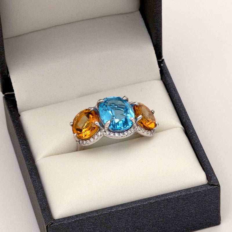 Blue Topaz and Citrine Ring with Diamond Halo, 14K White Gold