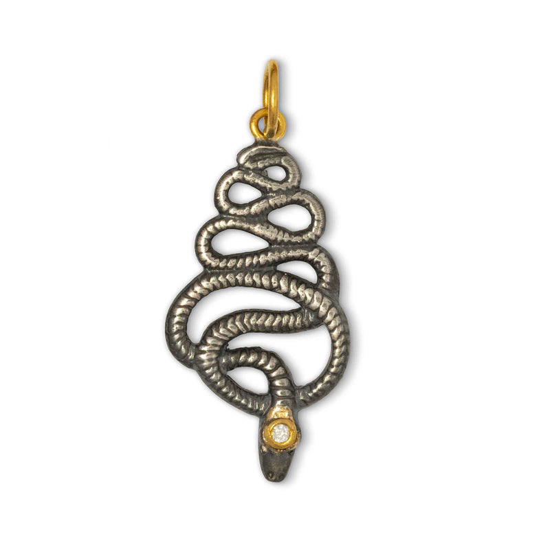 Snake With Diamond Charm, Sterling Silver and 24K Yellow Gold