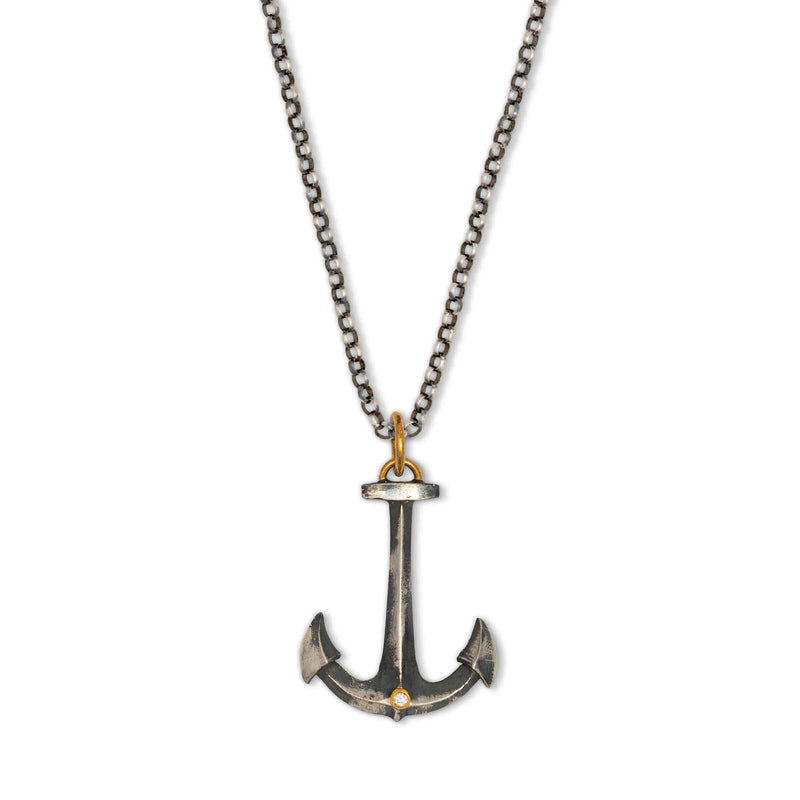 Anchor With Diamond Pendant, Sterling Silver and 24K Yellow Gold