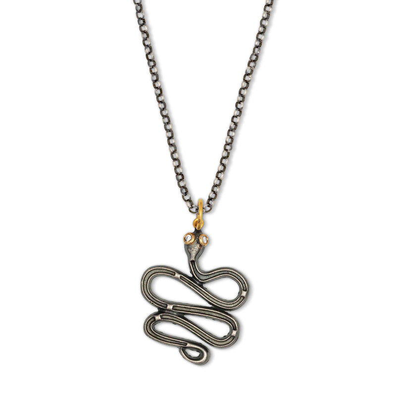 Snake With Diamond Eye Pendant, Sterling Silver and 24K Yellow Gold
