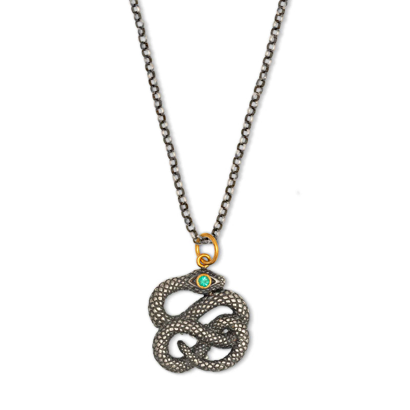 Snake With Emerald Eye Pendant, Sterling Silver and 24K Yellow Gold