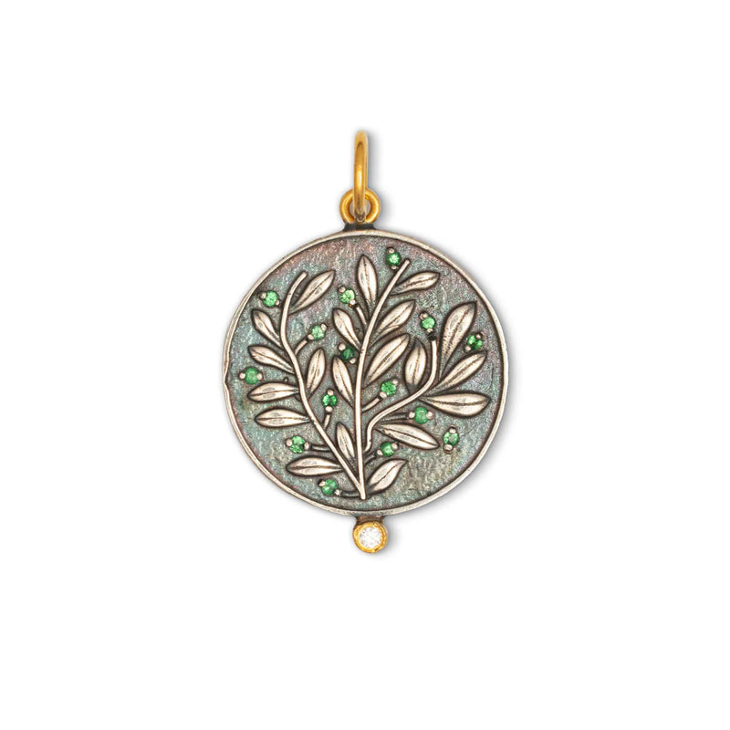 Olive Tree With Green Garnets Medallion, Sterling Silver and 24K Yellow Gold