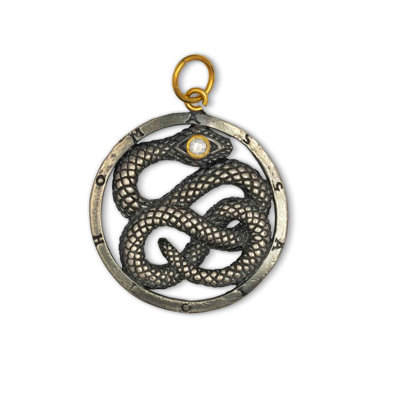 Snake With Diamond In Circle Charm, Sterling Silver and 24K Yellow Gold