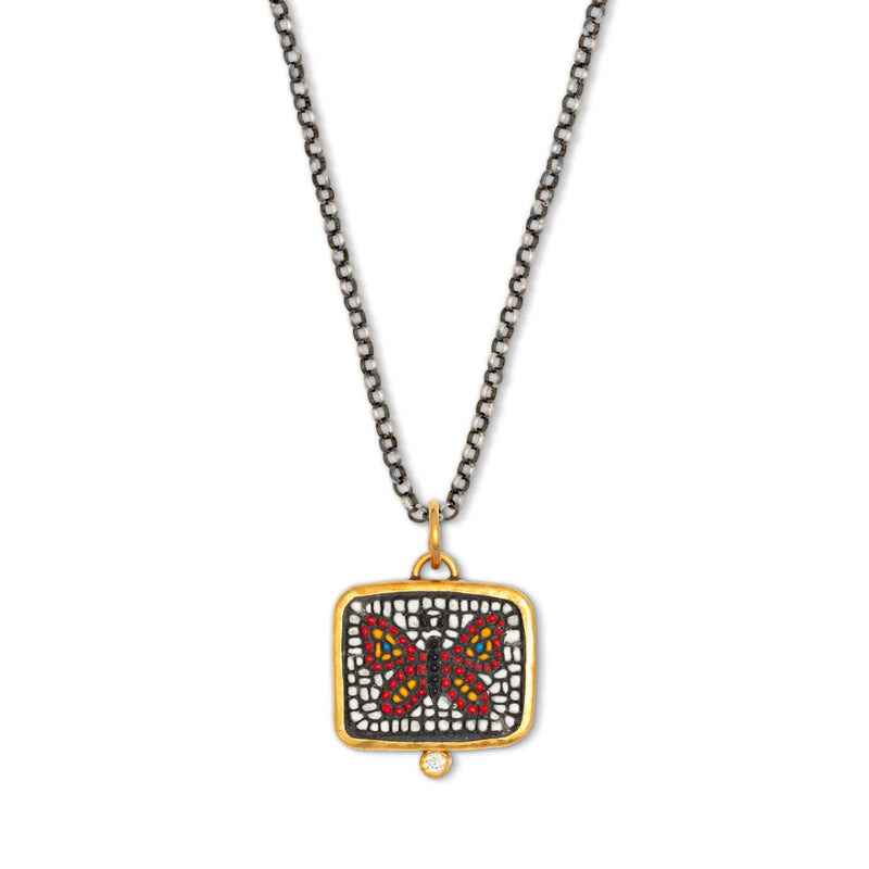 Micro-Mosaic Butterfly Pendant, Sterling Silver and 24K Yellow Gold