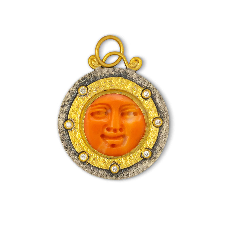 Moon Face Coral Charm With Diamonds, Sterling Silver and 24K Yellow Gold