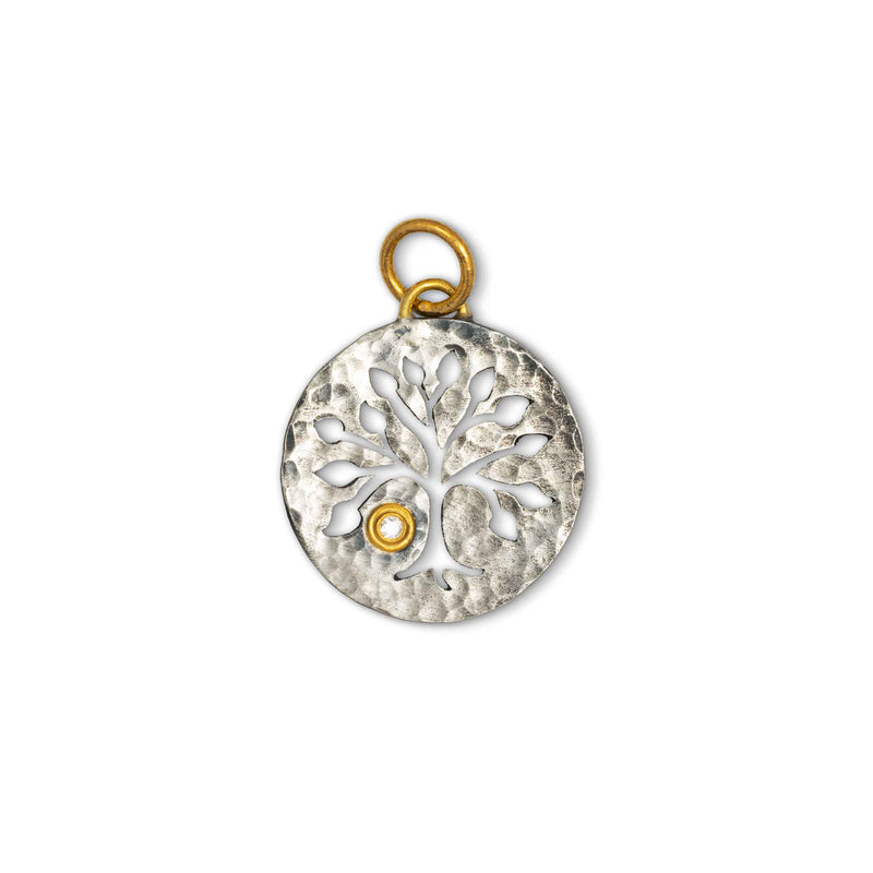 Tree of Life Charm With Diamond, Sterling Silver and 24K Yellow Gold